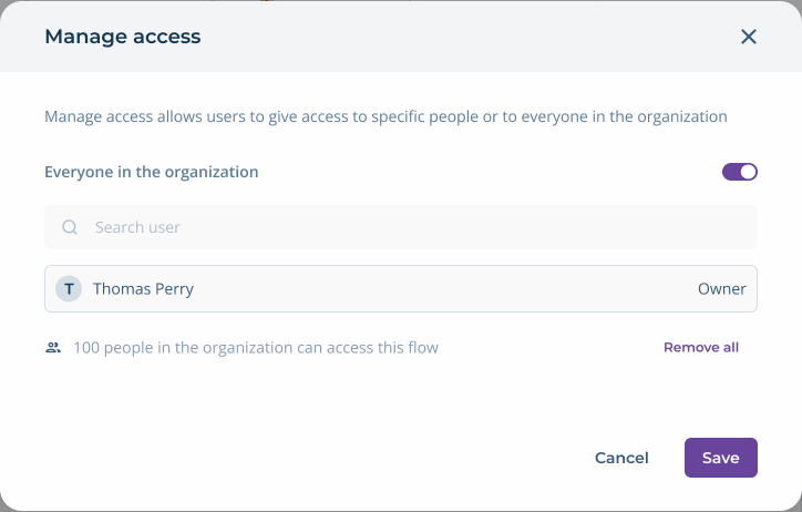 Manage access popup for a published flow