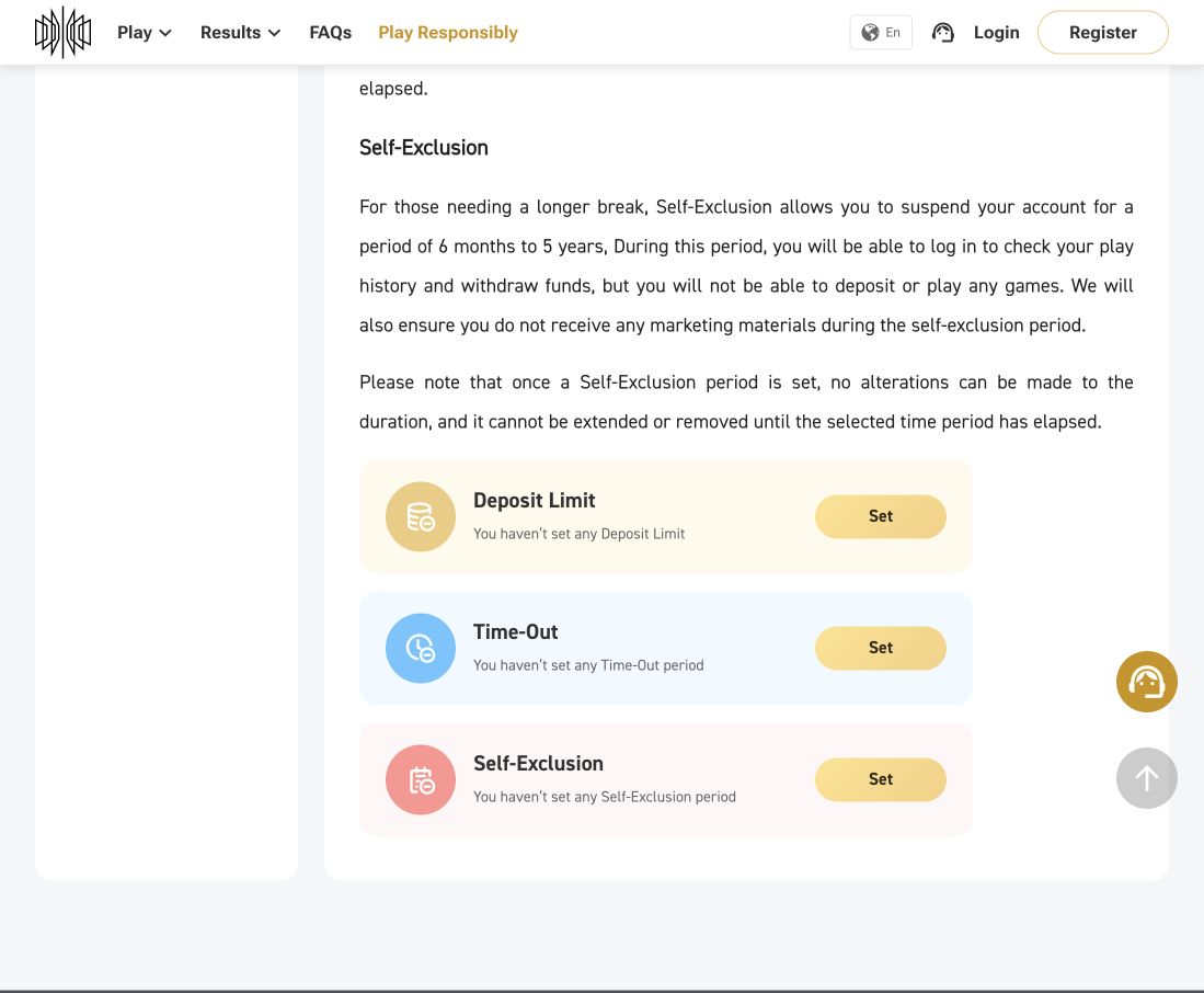 Responsible gaming · Player Controls — desktop website