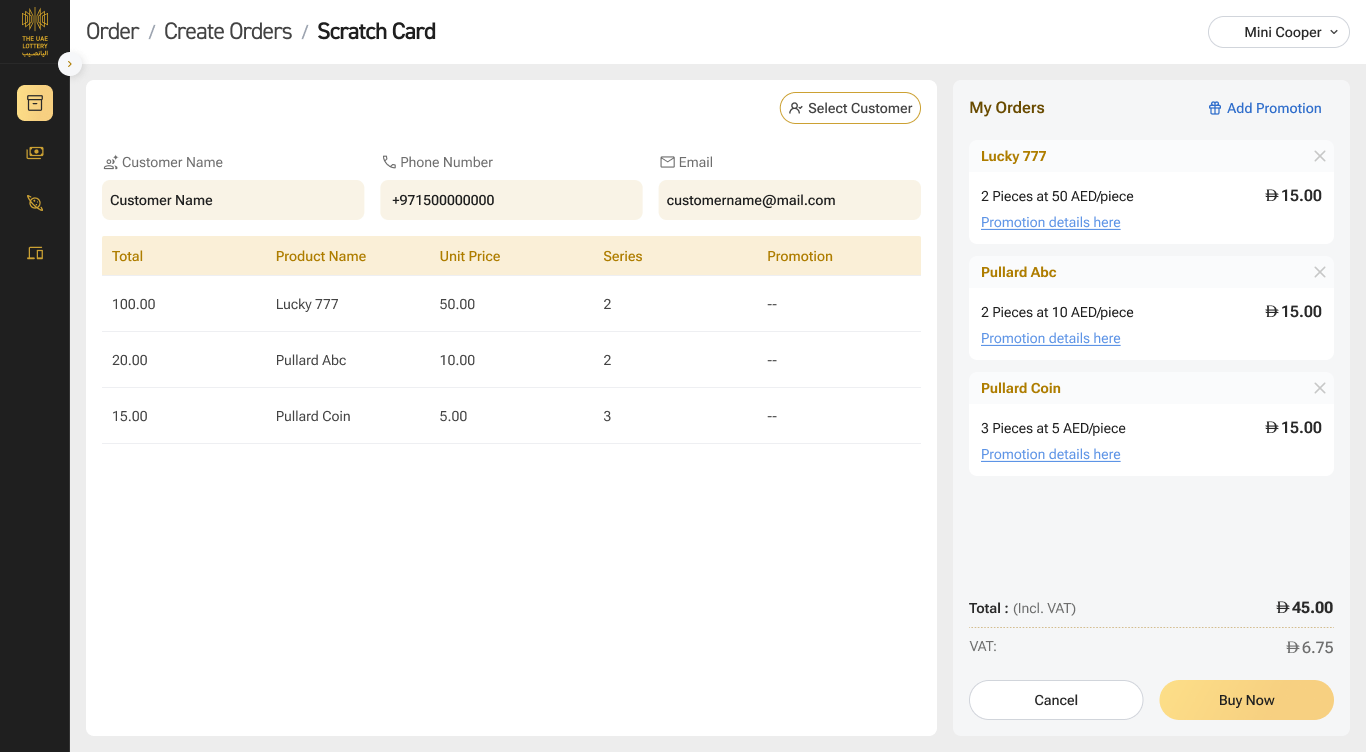Scratch card order with customer information and itemised products